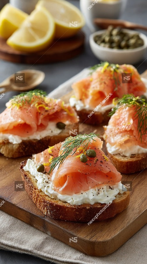 A Plate Of Smoked Salmon Toast With Cream Cheese And Capers Garnished With Fresh Herbs On A Wooden Cutting Board — Stock Photo