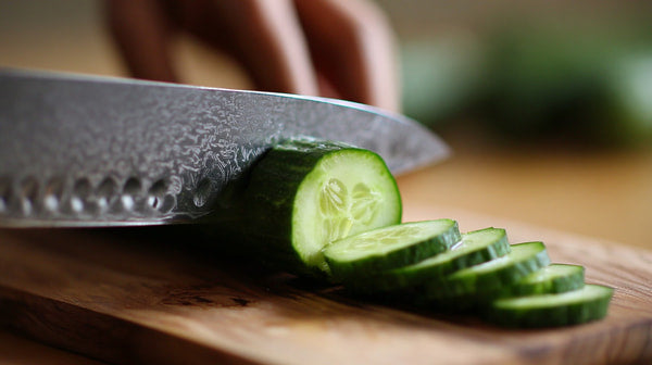 A Person Slicing A Cucumber On A Cutting Board With A Knife — Stock Photo