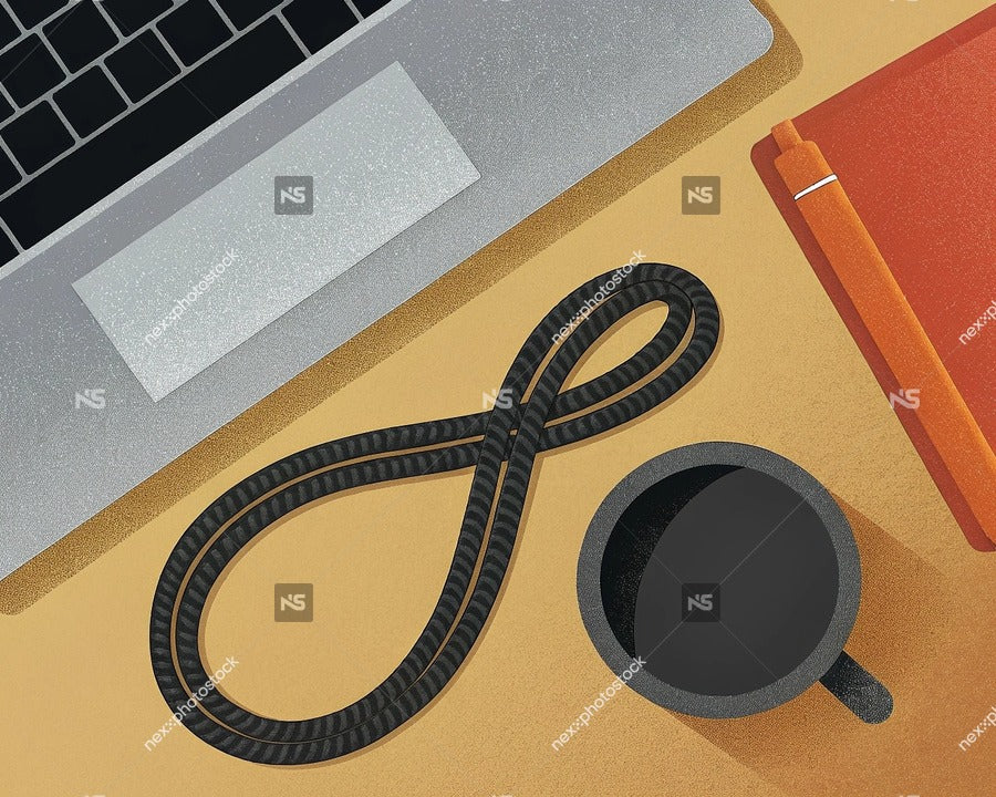 A Digital Illustration Of A Workspace With A Coiled Black Cable And A Coffee Cup On A Wooden Table — Stock Illustration
