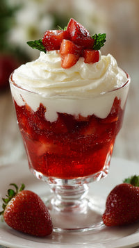 Strawberry Shortcake Dessert With Whipped Cream And Fresh Strawberries Served In A Glass Dish On A Dining Table — Stock Photo