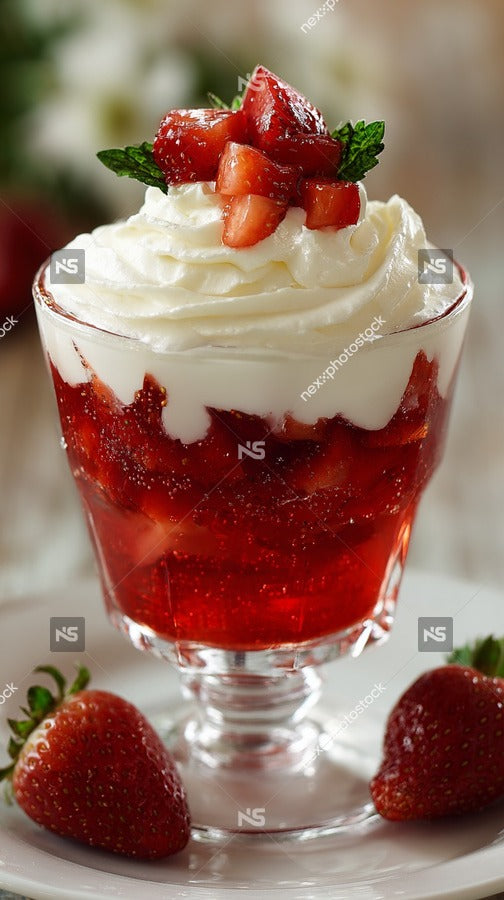 Strawberry Shortcake Dessert With Whipped Cream And Fresh Strawberries Served In A Glass Dish On A Dining Table — Stock Photo