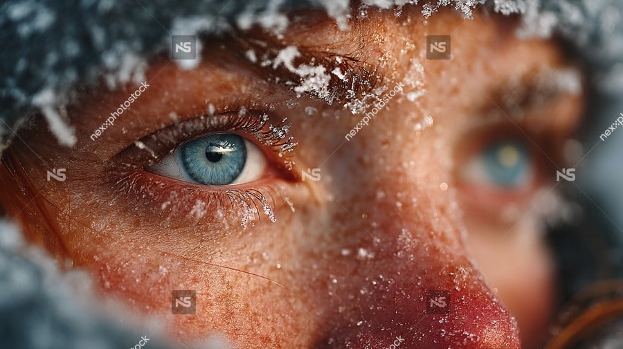 Woman With Snowflakes On Her Face Looking Out From Behind A Window In A Snowstorm — Stock Photo