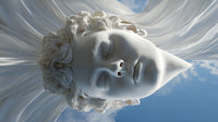 Surrealistic Portrait Of A Human Face With Classical Sculpture Elements Set Against A Blue Sky Background — Stock Photo