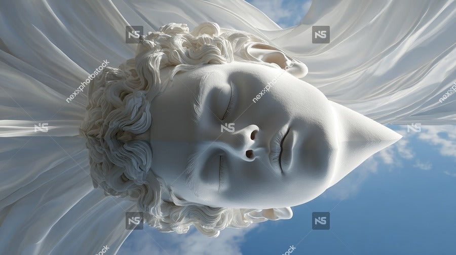Surrealistic Portrait Of A Human Face With Classical Sculpture Elements Set Against A Blue Sky Background — Stock Photo