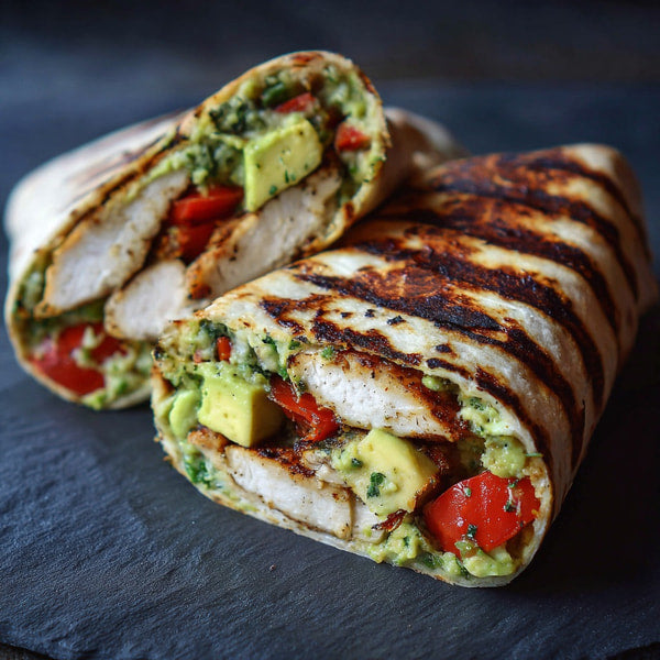 A Grilled Chicken Gyro Wrap Cut In Half To Reveal Its Filling Of Chicken Tzatziki Sauce And Vegetables — Stock Photo