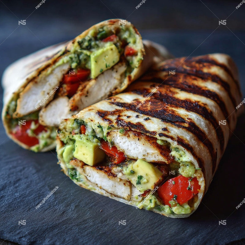 A Grilled Chicken Gyro Wrap Cut In Half To Reveal Its Filling Of Chicken Tzatziki Sauce And Vegetables — Stock Photo
