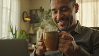 Actor Holding A Coffee Mug In A Room With A Plant And A Window — Stock Photo