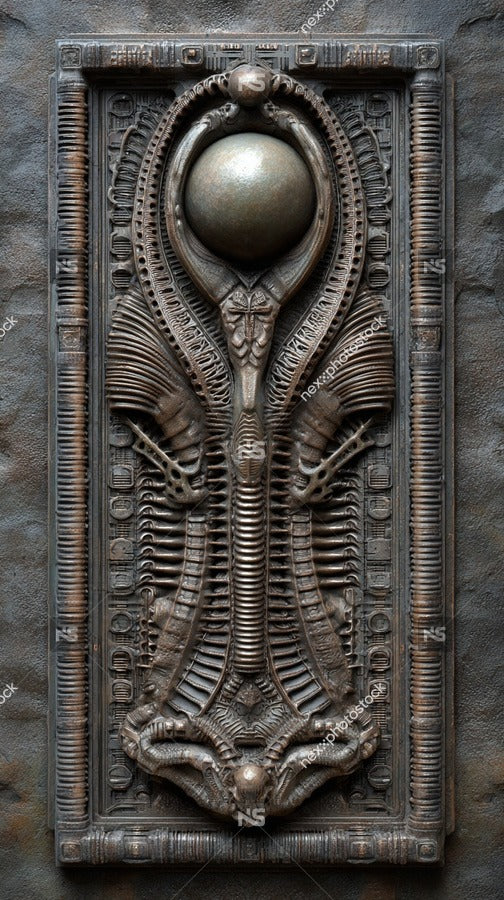 Ancient Alien Artifact With Intricate Carvings And Designs Of Extraterrestrial Origin Displayed In A Museum Exhibition — Stock Photo