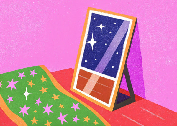Colorful Illustration Of A Starry Night Scene With A Framed Picture On An Easel — Stock Illustration
