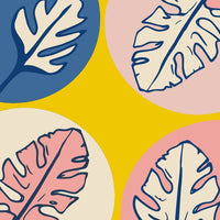 Four Circular Designs Stylized Leaves In A Variety Of Colors And Patterns Against A Yellow Background — Stock Vector