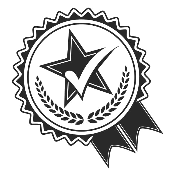 Black And White Certification Seal With A Star Inside A Checkmark And Laurel Leaves Set Against A Ribbon Background — Stock Vector