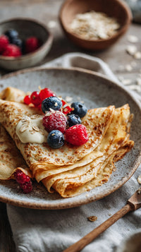 A Plate Of Crepes Topped With Fresh Berries And A Drizzle Of Cream Served On A Wooden Table — Stock Photo
