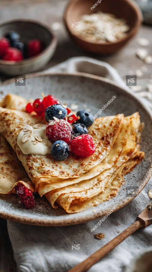 A Plate Of Crepes Topped With Fresh Berries And A Drizzle Of Cream Served On A Wooden Table — Stock Photo