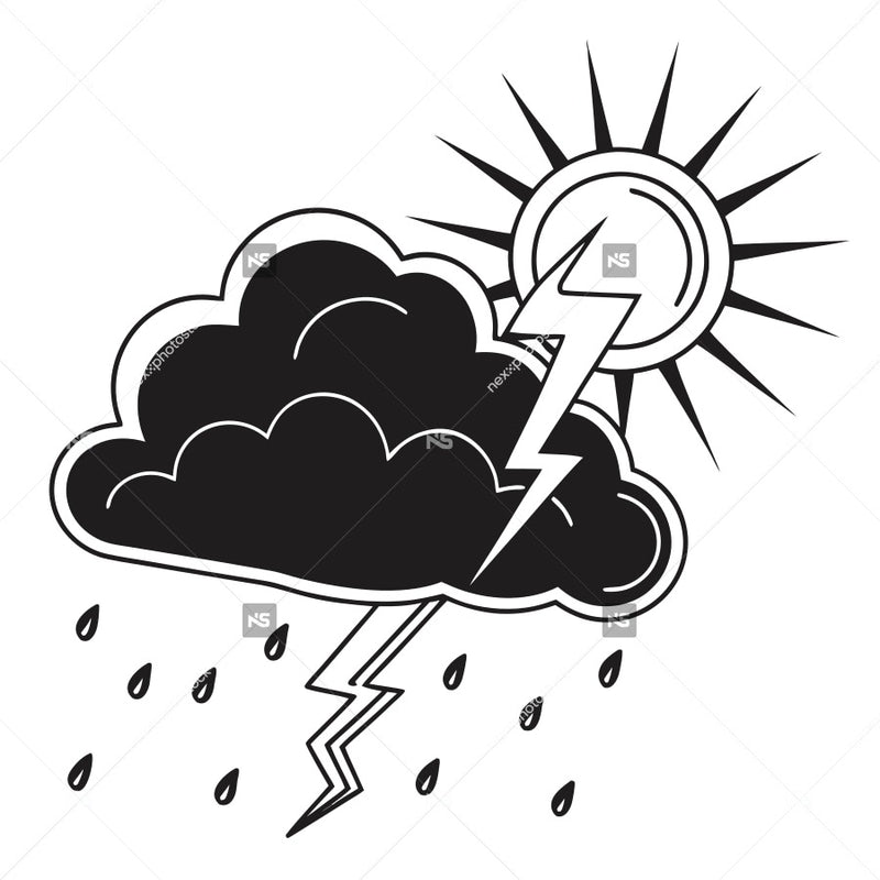 Black And White Illustration Of A Cloudy Sky With Rain And Lightning — Stock Vector