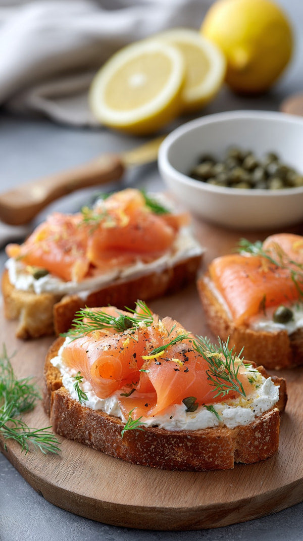 A Plate Of Smoked Salmon Toast With Cream Cheese Garnished With Fresh Dill And Lemon Wedges Served On A Wooden Cutting Board — Stock Photo