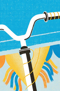 Bicycle With A Yellow Flag Attached To The Handlebars Illustrated In A Graphic Style — Stock Illustration