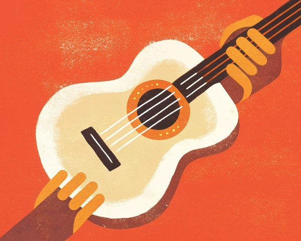 A Vintage Style Illustration Of A Guitar With Hands Playing It Set Against A Red Background — Stock Illustration