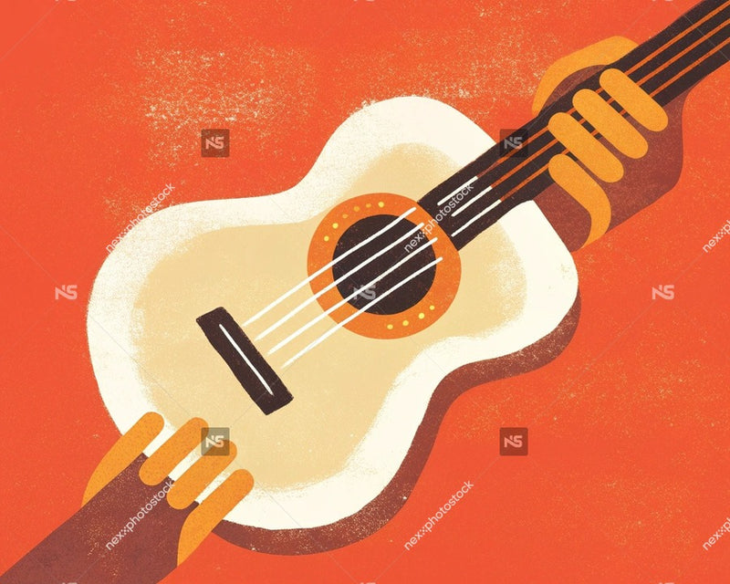 A Vintage Style Illustration Of A Guitar With Hands Playing It Set Against A Red Background — Stock Illustration