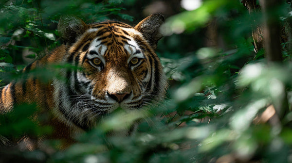 A Tiger In A Jungle Setting Peering Through Foliage With Its Head Visible From Behind — Stock Photo