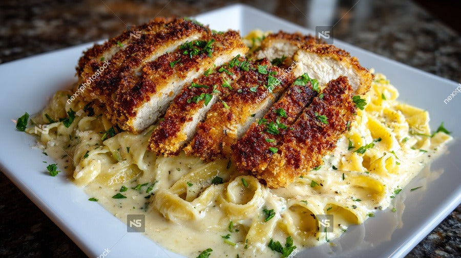 A Plate Of Breaded Chicken And Pasta Served On A White Plate Placed On A Table — Stock Photo