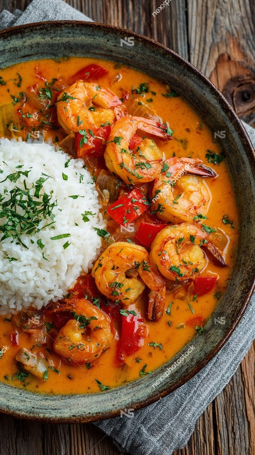 Shrimp And Rice Dish In A Bowl With Garnish Served On A Wooden Table — Stock Photo