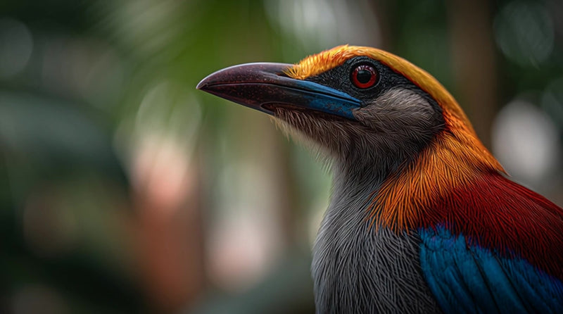 a vibrant bird with a striking red head is perched in a tropical setting surrounded by lush greenery - Stock Video