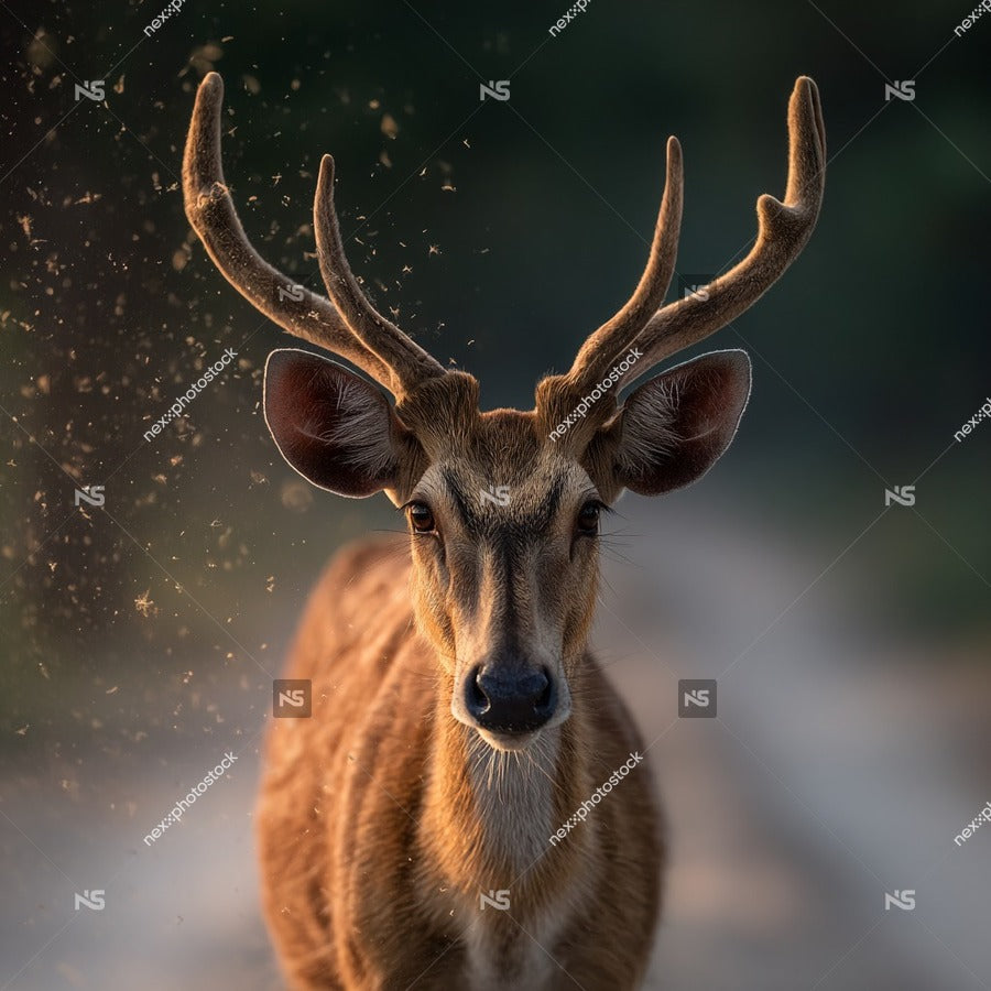 A Majestic Deer Stands Amidst A Dusty Trail In The Wilderness Its Antlers Prominently Displayed Against The Backdrop Of A Forested Area — Stock Photo