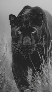 Black Panther In Sharp Focus Looking Straight Ahead With A Clear View Of Its Face And Body Set Against A Softly Blurred — Stock Photo