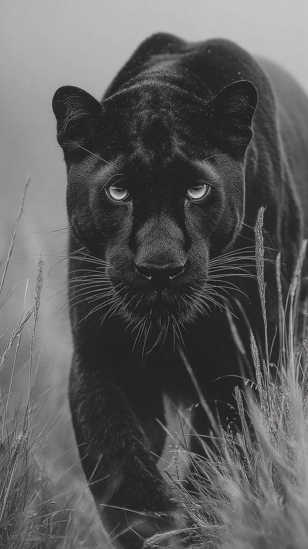 Black Panther In Sharp Focus Looking Straight Ahead With A Clear View Of Its Face And Body Set Against A Softly Blurred — Stock Photo