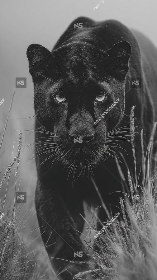Black Panther In Sharp Focus Looking Straight Ahead With A Clear View Of Its Face And Body Set Against A Softly Blurred — Stock Photo