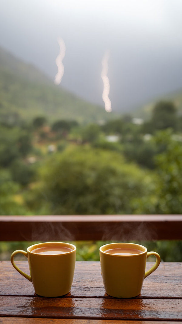 Shows A Serene Outdoor Setting With Two Mugs Placed On A Wooden Surface A Balcony Deck Overlooking A Mountainous Landscape — Stock Photo