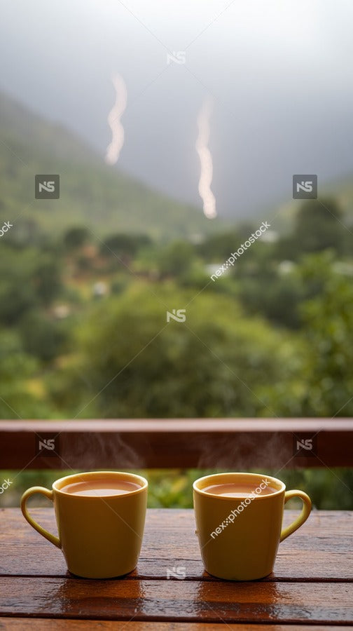 Shows A Serene Outdoor Setting With Two Mugs Placed On A Wooden Surface A Balcony Deck Overlooking A Mountainous Landscape — Stock Photo