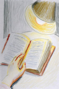 A Person S Hand Holding A Book Open Illuminated By A Bedside Lamp In A Dimly Lit Room — Stock Illustration