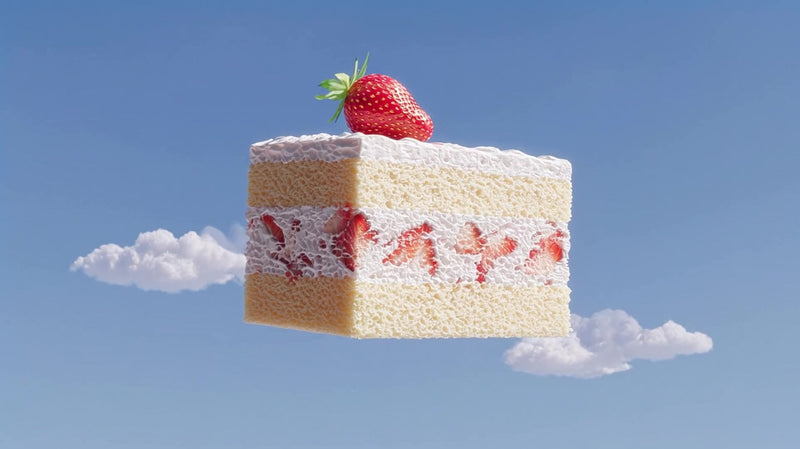 strawberry cake with whipped cream and a strawberry on top against a blue sky background - Stock Video