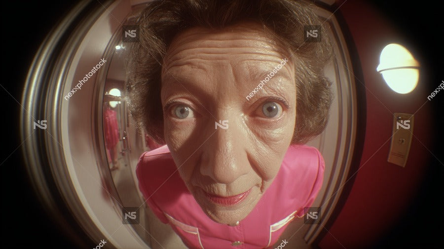Older Woman With Blue Eyes Wearing A Red Top And Standing In Front Of A Mirror — Stock Photo