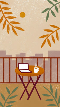 Coffee Break Scene With A View Of A Balcony A Table And Chair On The Balcony A Laptop Open On The Table — Stock Illustration