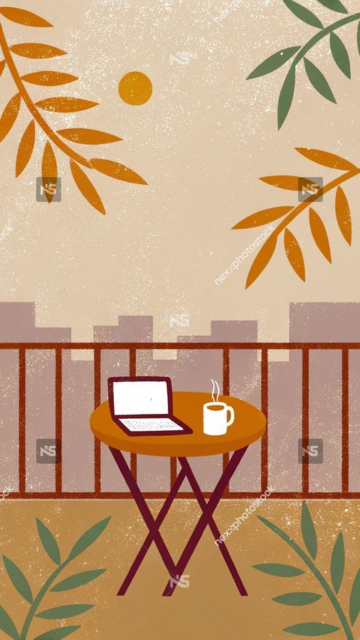 Coffee Break Scene With A View Of A Balcony A Table And Chair On The Balcony A Laptop Open On The Table — Stock Illustration