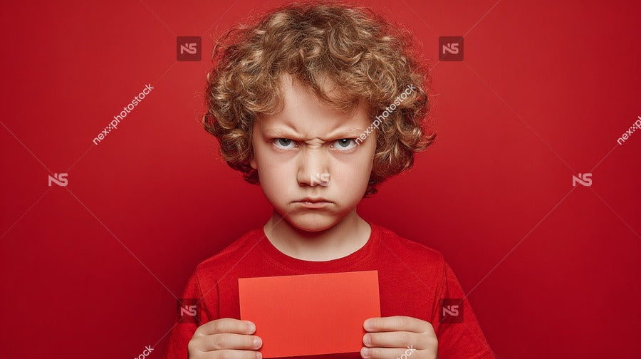 Young Boy Holding A Red Card In Front Of His Face Against A Red Background — Stock Photo