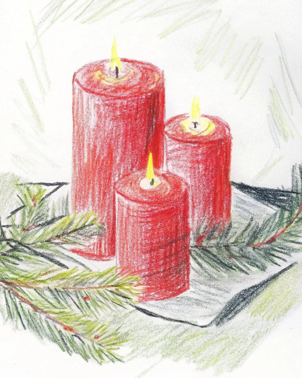 Two Red Candles On A Black Tray With Pine Branches And A White Background — Stock Illustration