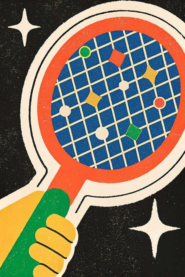 Illustration Of A Magnifying Glass With A Colorful Grid Pattern On The Screen Held By A Hand Against A Dark Background — Stock Illustration