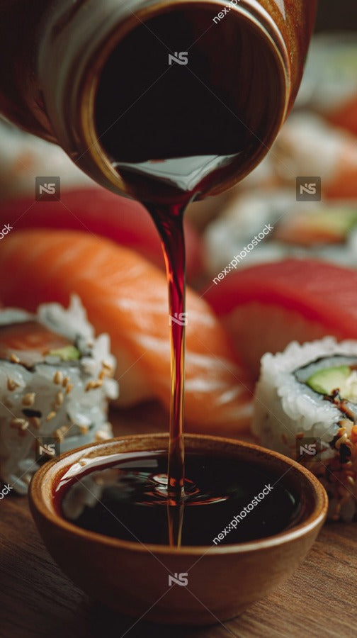 Shows A Close Up View Of A Bottle Of Soy Sauce Being Poured Over Sushi — Stock Photo