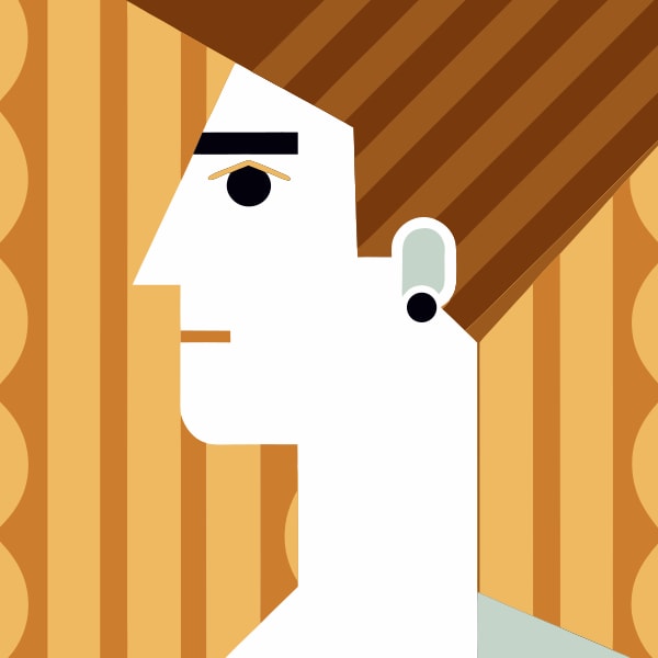 A Man S Portrait In A Stylized Graphic Illustration With A Warm Color Palette And A Patterned Background — Stock Vector