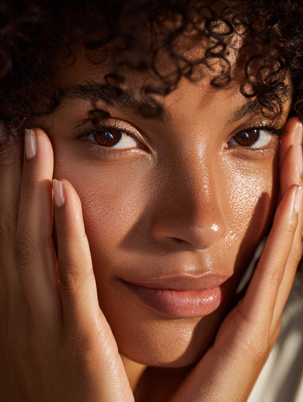 A Close Up Portrait Of A Woman With Glowing Skin Captured From A Top View Angle Against A White Background — Stock Photo