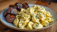 A Plate Of Creamy Macaroni And Cheese With Meat Served On A Wooden Table 2 — Stock Photo