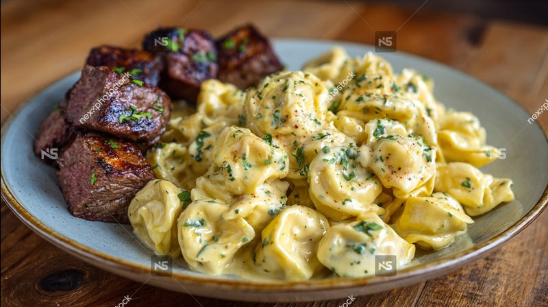 A Plate Of Creamy Macaroni And Cheese With Meat Served On A Wooden Table 2 — Stock Photo