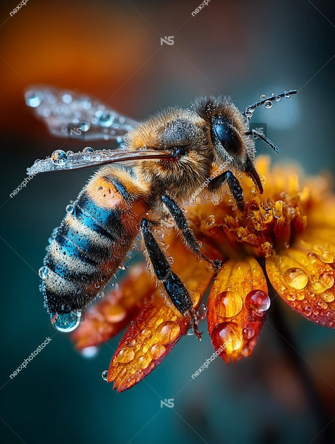 A Bee Perched On A Flower With Droplets Of Water Captured In Close Up From An Overhead Angle Against A Dark Background — Stock Photo