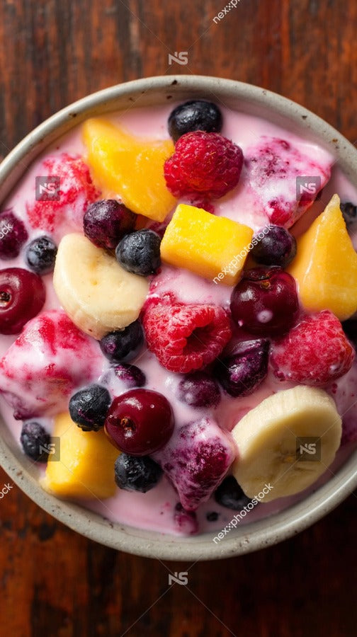 A Bowl Of Fruit Salad With Yogurt Topped With Berries And A Banana Slice — Stock Photo