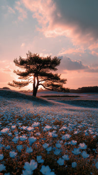 A Sunset Scene With A Tree And Flowers In The Foreground Set Against A Sky Background — Stock Photo