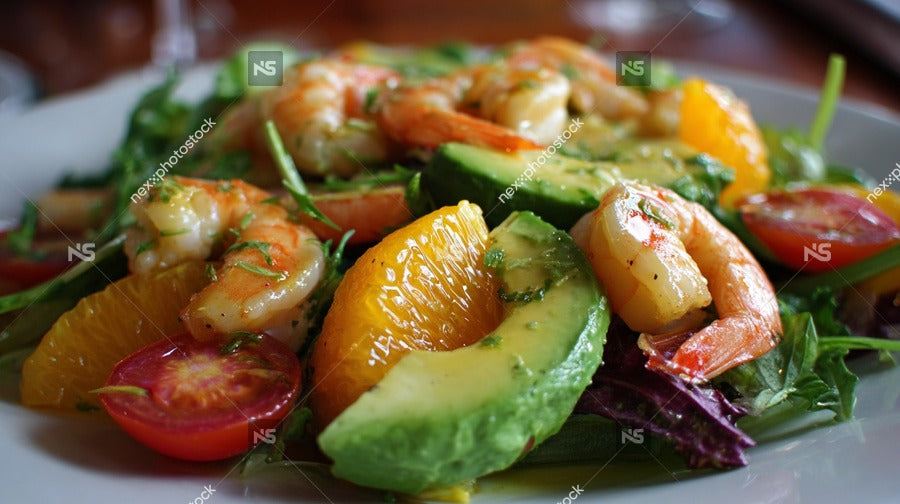 Shrimp Salad With Avocado And Tomato On A White Plate Garnished With Herbs Served In A Restaurant Setting — Stock Photo