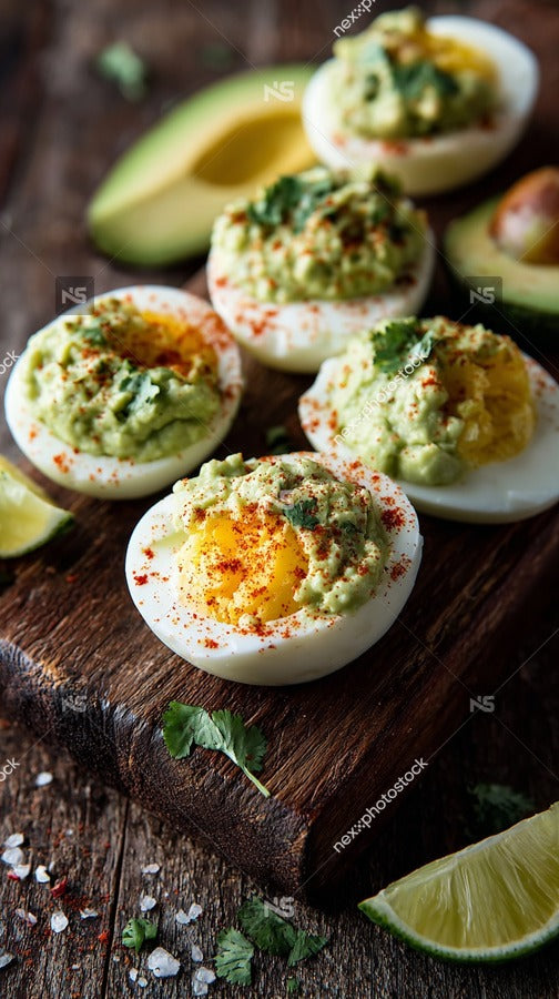 A Plate Of Six Deviled Eggs Each Topped With Avocado And Garnished With Red Pepper Flakes Served On A Wooden Surface — Stock Photo